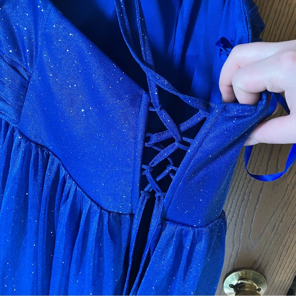 Royal Blue Spaghetti Strap Formal Floor Length Slit Corset Back Dress - Picture 6 of 8